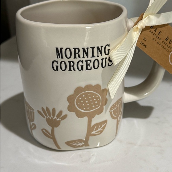 Rae Dunn White Mug with Tan Floral Design - MORNING GORGEOUS New - Picture 3 of 6